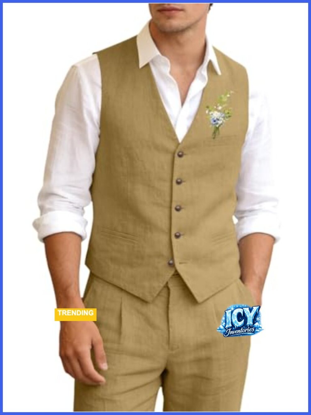 Men's 2-Piece Linen Vest and Pants Slim Fit Suit Set for Wedding Guest Party